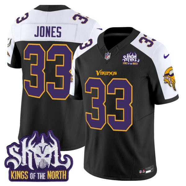 Minnesota Vikings King Of The North Patch Throwback Vapor Limited Jersey V2 – All Stitched – Black Alternate – Aaron Jones Jersey