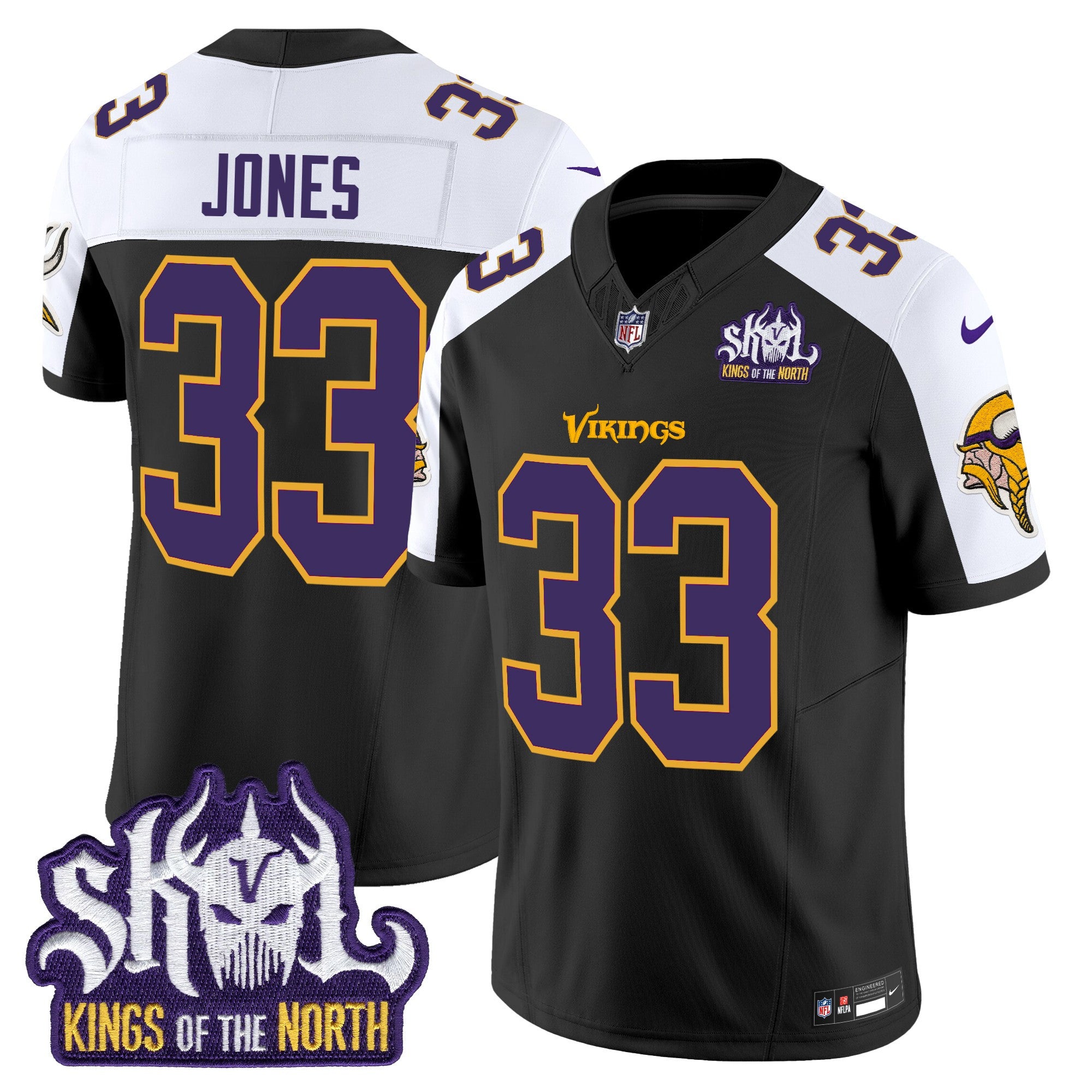 Minnesota Vikings King Of The North Patch Throwback Vapor Limited Jersey V2 – All Stitched – Black Alternate – Aaron Jones Jersey