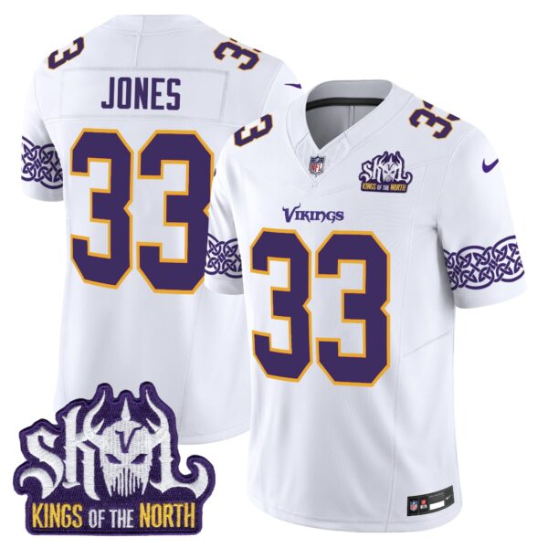 Minnesota Vikings King Of The North Patch Throwback Vapor Limited Jersey V2 – All Stitched – White – Aaron Jones Jersey