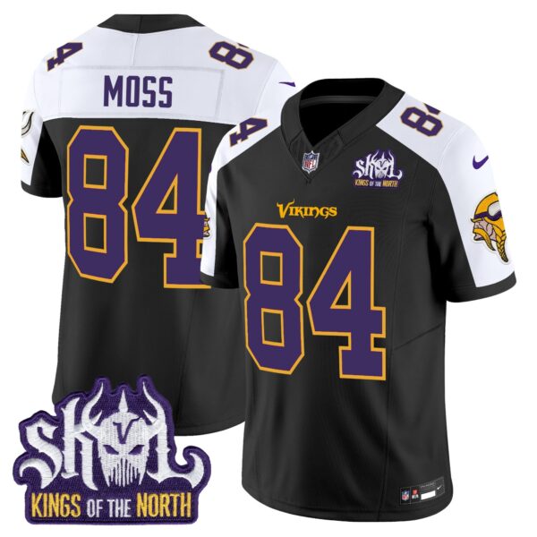 Minnesota Vikings King Of The North Patch Throwback Vapor Limited Jersey V2 – All Stitched – Black Alternate – Randy Moss Jersey