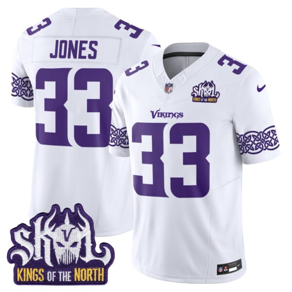 Minnesota Vikings King Of The North Patch Vapor Limited Jersey V2 – All Stitched – White – Aaron Jones Jersey