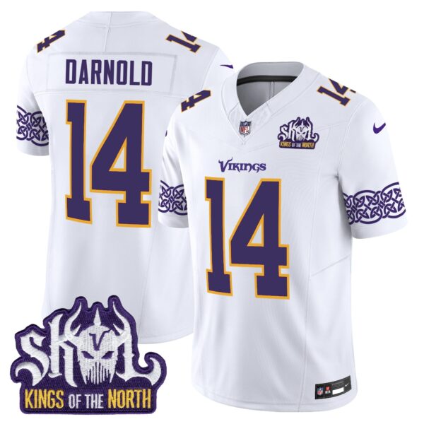 Minnesota Vikings King Of The North Patch Throwback Vapor Limited Jersey V2 – All Stitched – White – Sam Darnold Jersey