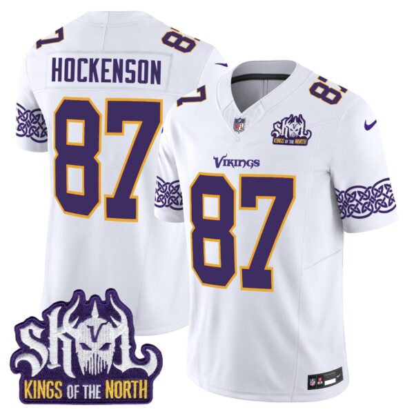 Minnesota Vikings King Of The North Patch Throwback Vapor Limited Jersey V2 – All Stitched – White – T.J. Hockenson Jersey