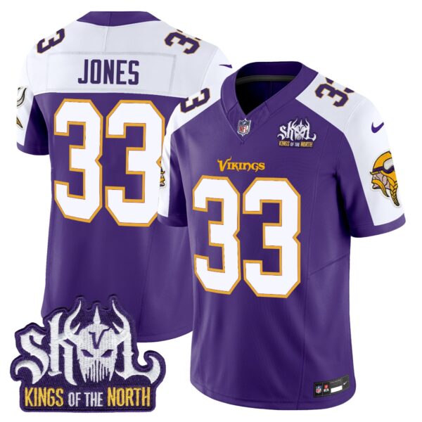 Minnesota Vikings King Of The North Patch Throwback Vapor Limited Jersey V2 – All Stitched – Purple Alternate – Aaron Jones Jersey