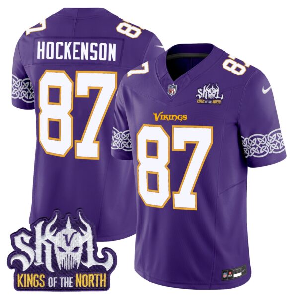 Minnesota Vikings King Of The North Patch Throwback Vapor Limited Jersey V2 – All Stitched – Purple – T.J. Hockenson Jersey