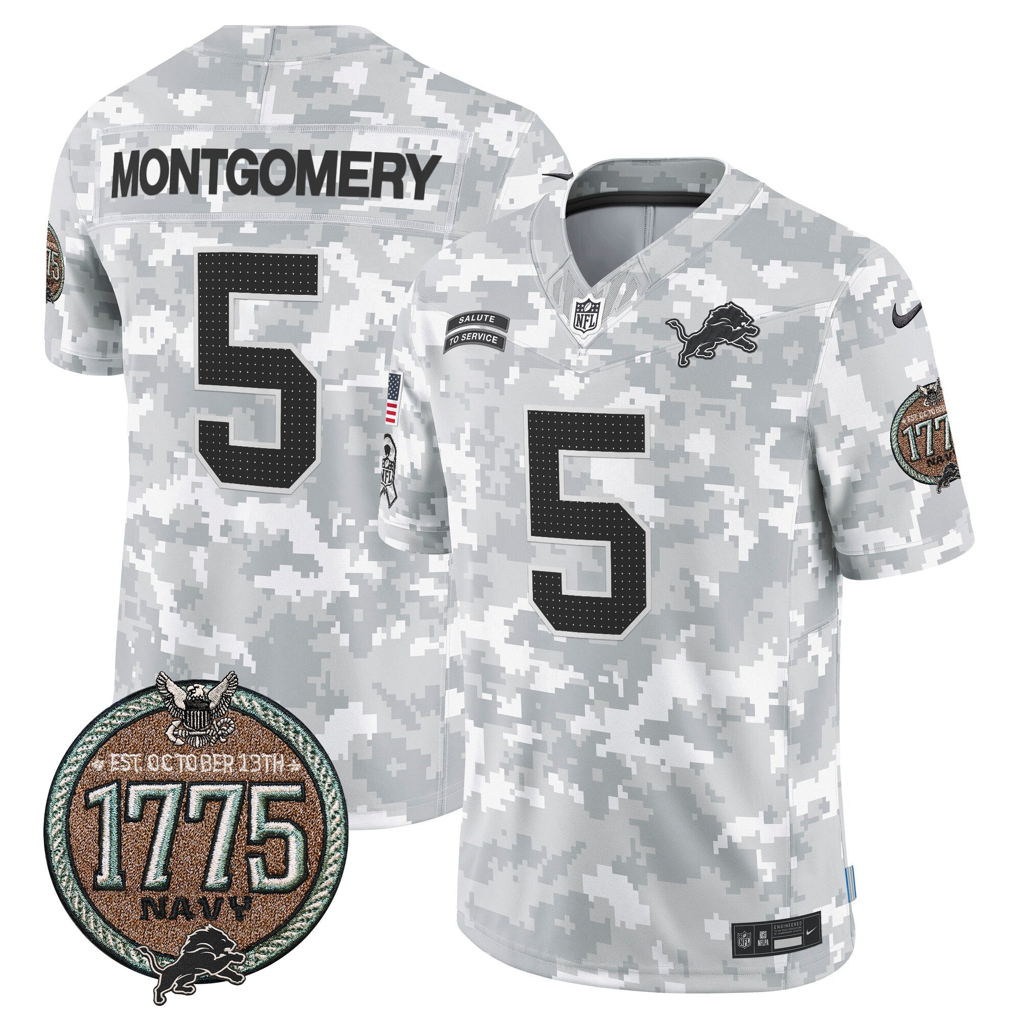 Detroit Lions 2024 Salute to Service Establishment Year Patch Vapor Limited Jersey – All Stitched – Navy – David Montgomery Jersey