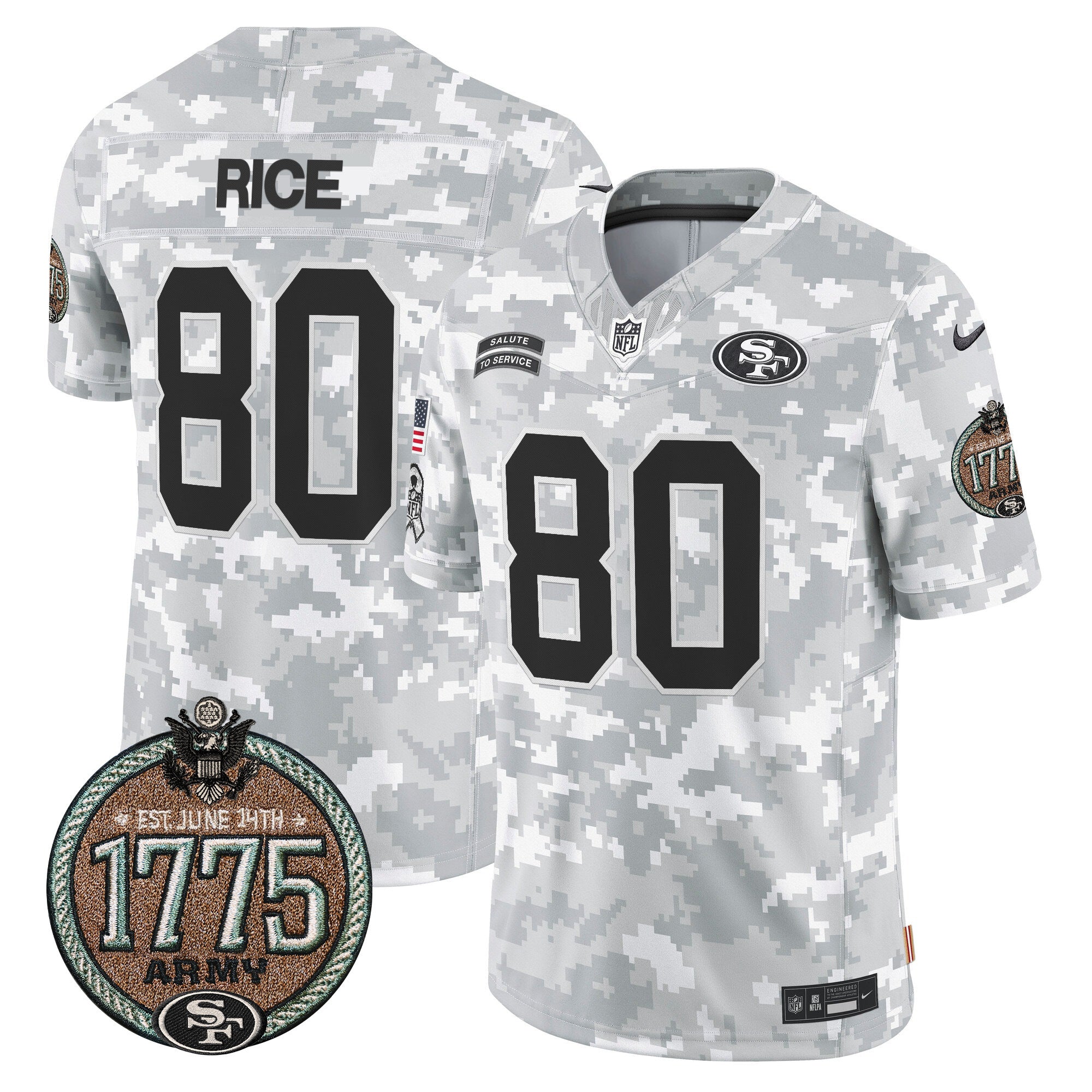 49ers 2024 Salute to Service Establishment Year Patch Vapor Limited Jersey – All Stitched – Army – Jerry Rice Jersey