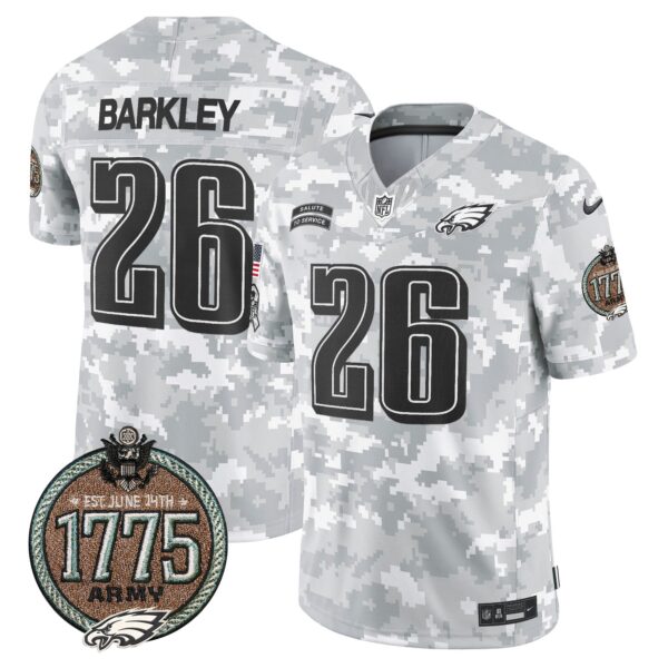 Eagles 2024 Salute to Service Establishment Year Patch Vapor Limited Jersey – All Stitched – Army – Saquon Barkley Jersey