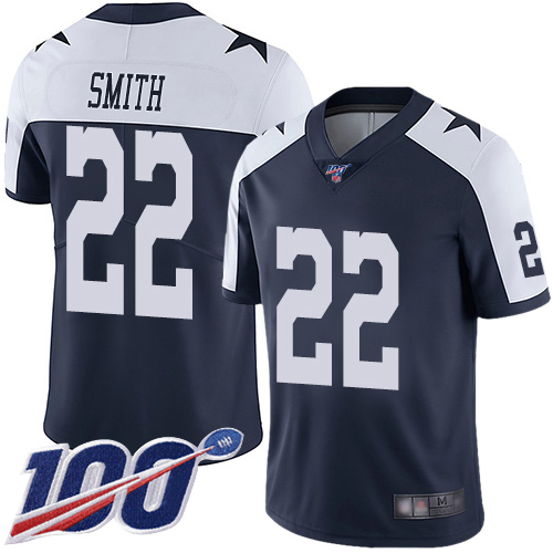 Nike Cowboys #22 Emmitt Smith Navy Blue Thanksgiving Men’s Stitched NFL 100th Season Vapor Throwback Limited Jersey