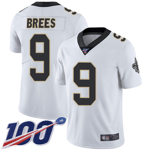 Saints #9 Drew Brees White Men’s Stitched Football 100th Season Vapor Limited Jersey