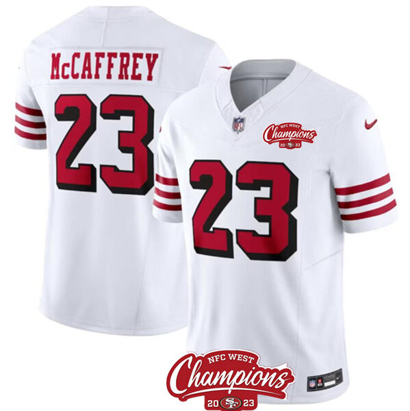 Men’s San Francisco 49ers #23 Christian McCaffrey White 2023 F.U.S.E. NFC West Champions Patch Alternate Football Stitched Jersey