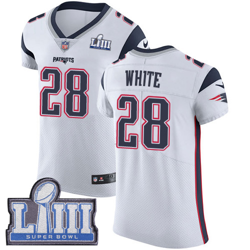 #28 Elite James White White Nike NFL Road Men’s Jersey New England Patriots Vapor Untouchable Super Bowl LIII Bound