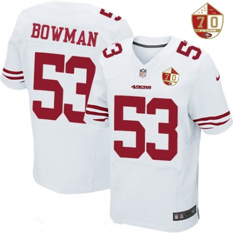 Men’s San Francisco 49ers #53 NaVorro Bowman White 70th Anniversary Patch Stitched NFL Nike Elite Jersey