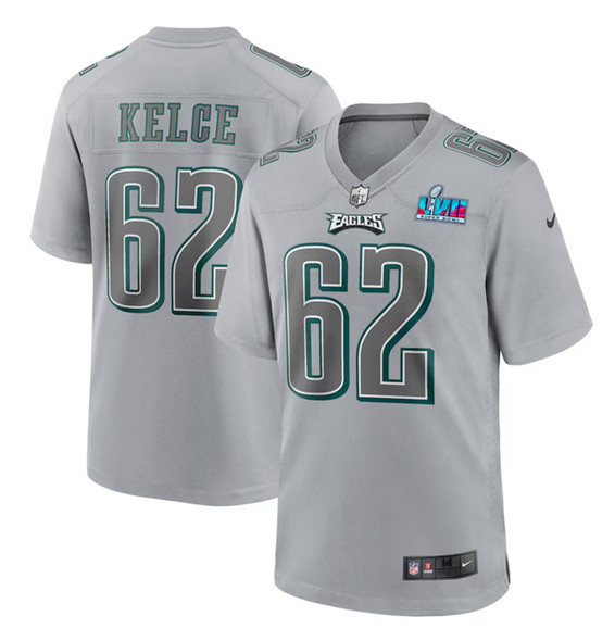 Men’s Philadelphia Eagles #62 Jason Kelce Gray Super Bowl LVII Patch Atmosphere Fashion Stitched Game Jersey