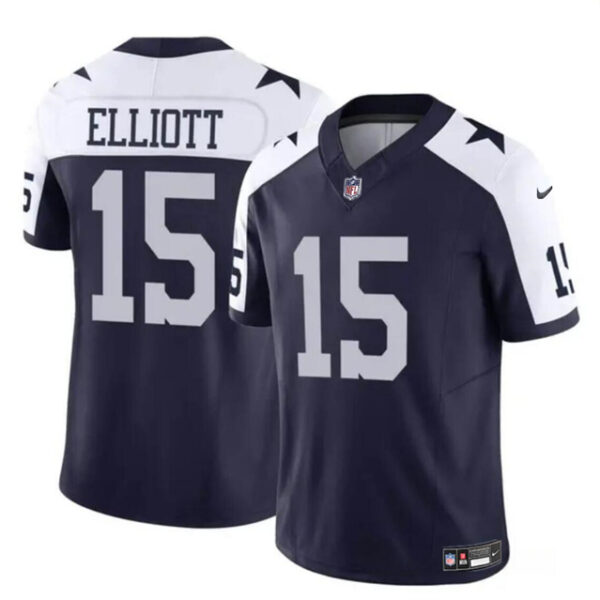 Men’s Dallas Cowboys #15 Ezekiel Elliott Navy White 2023 F.U.S.E Thanksgiving Vapor Limited Football Stitched Jersey