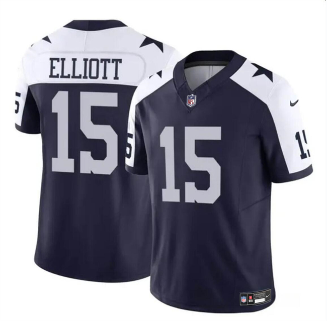 Men’s Dallas Cowboys #15 Ezekiel Elliott Navy White 2023 F.U.S.E Thanksgiving Vapor Limited Football Stitched Jersey