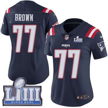#77 Limited Trent Brown Navy Blue Nike NFL Women’s Jersey New England Patriots Rush Vapor Untouchable Super Bowl LIII Bound