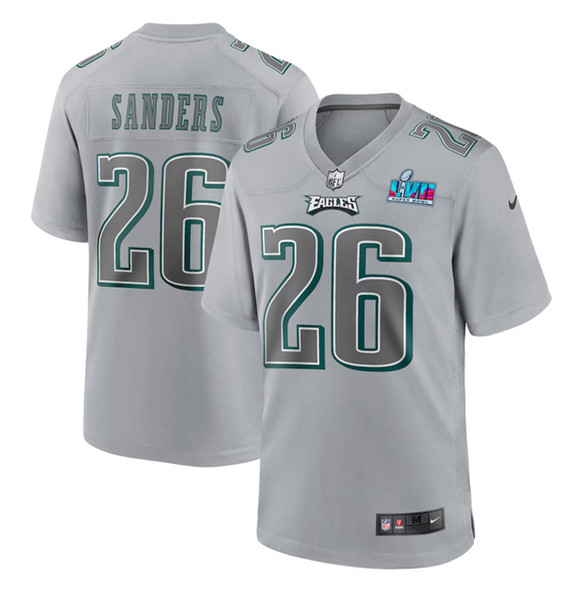 Men’s Philadelphia Eagles #26 Miles Sanders Gray Super Bowl LVII Patch Atmosphere Fashion Stitched Game Jersey