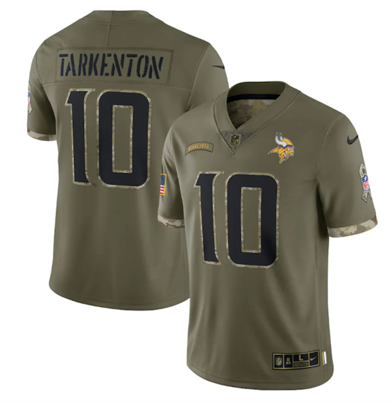 Men’s Minnesota Vikings #10 Fran Tarkenton 2022 Olive Salute To Service Limited Stitched Jersey