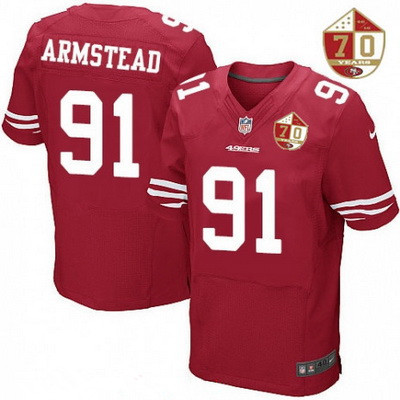 Men’s San Francisco 49ers #91 Arik Armstead Scarlet Red 70th Anniversary Patch Stitched NFL Nike Elite Jersey