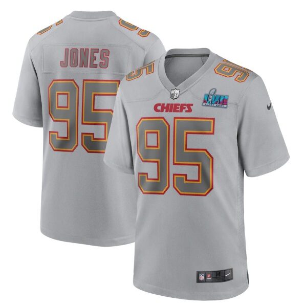 Men’s Kansas City Chiefs #95 Chris Jones Gray Super Bowl LVII Patch Atmosphere Fashion Stitched Game Jersey