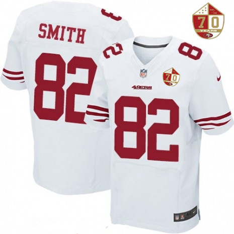 Men’s San Francisco 49ers #82 Torrey Smith White 70th Anniversary Patch Stitched NFL Nike Elite Jersey