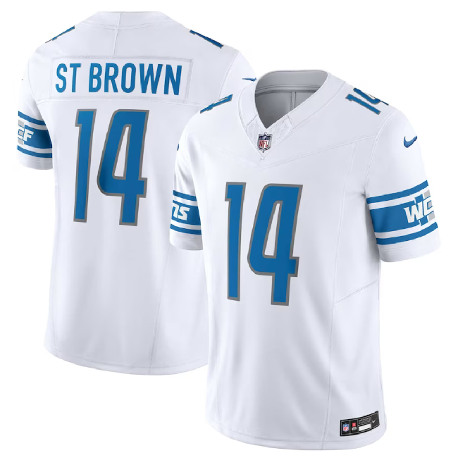 Men’s Detroit Lions #14 Amon-Ra St. Brown White 2023 F.U.S.E. Vapor Untouchable Limited Football Stitched Jersey