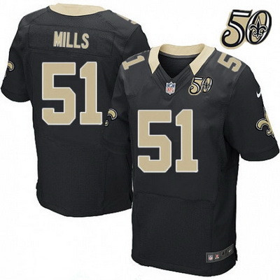 Men’s New Orleans Saints #51 Sam Mills Black 50th Season Patch Stitched NFL Nike Elite Jersey