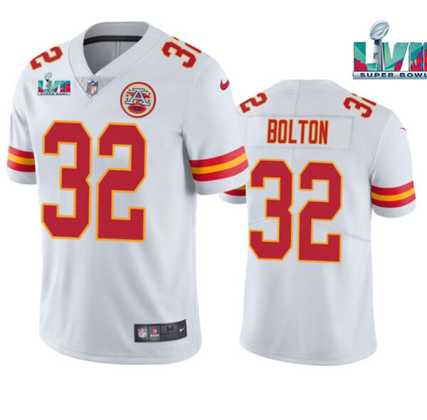 Men’s Kansas City Chiefs #32 Nick Bolton White Super Bowl LVII Patch Vapor Untouchable Limited Stitched Jersey
