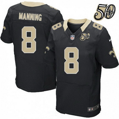 Men’s New Orleans Saints #8 Archie Manning Black 50th Season Patch Stitched NFL Nike Elite Jersey