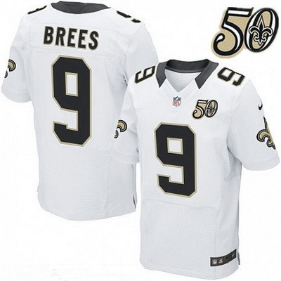 Men’s New Orleans Saints #9 Drew Brees White 50th Season Patch Stitched NFL Nike Elite Jersey