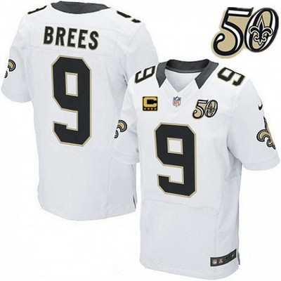 Men’s New Orleans Saints #9 Drew Brees White 50th Season Patch Stitched NFL Nike Elite Jersey with C Patch