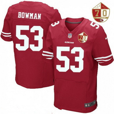 Men’s San Francisco 49ers #53 NaVorro Bowman Scarlet Red 70th Anniversary Patch Stitched NFL Nike Elite Jersey