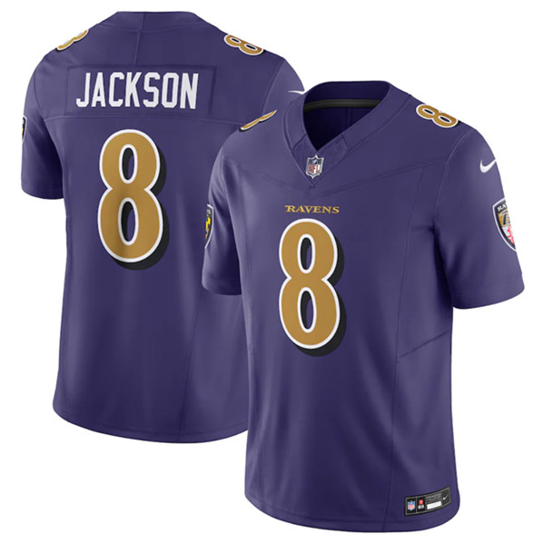 Men’s Baltimore Ravens #8 Lamar Jackson Purple 2023 F.U.S.E Coloe Rush Jersey