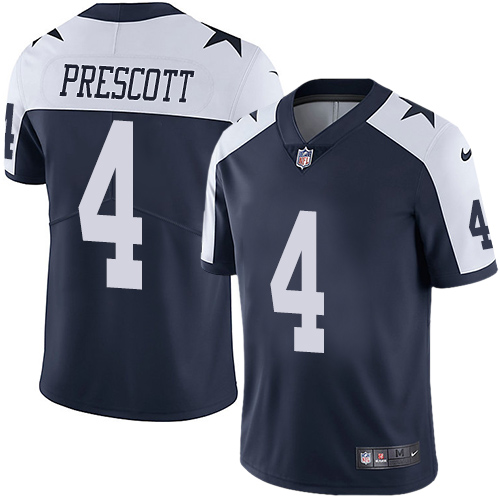 Nike Dallas Cowboys #4 Dak Prescott Navy Blue Thanksgiving Men’s Stitched NFL Vapor Untouchable Limited Throwback Jersey