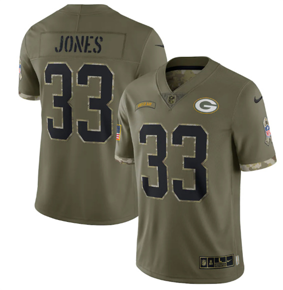 Men’s Green Bay Packers #33 Aaron Jones 2022 Olive Salute To Service Limited Stitched Jersey