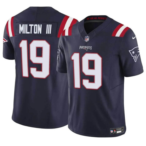 Men’s New England Patriots #19 Joe Milton III Navy 2024 F.U.S.E. Vapor Limited Football Stitched Jersey