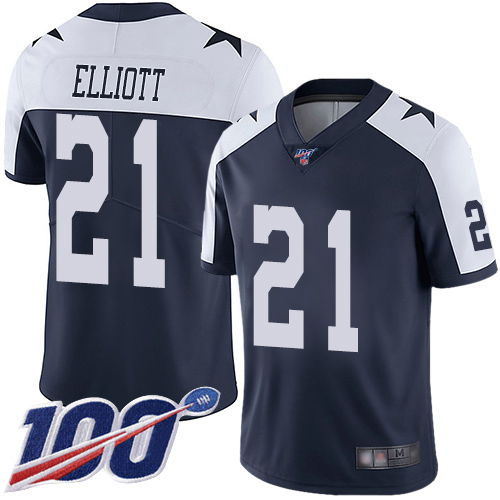 Cowboys #21 Ezekiel Elliott Navy Blue Thanksgiving Men’s Stitched Football 100th Season Vapor Throwback Limited Jersey