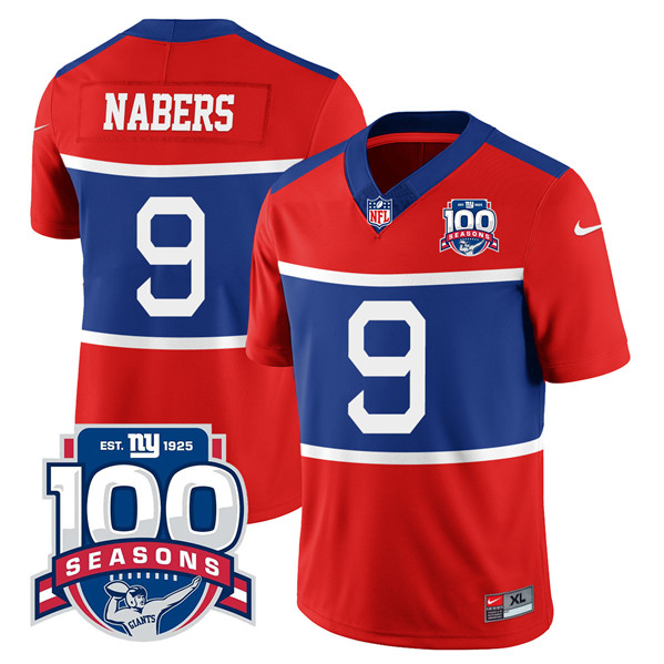 Men’s New York Giants #9 Malik Nabers Century Red 100TH Season Commemorative Patch Limited Football Stitched Jersey