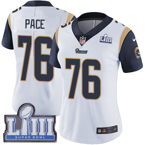 #76 Limited Orlando Pace White Nike NFL Road Women’s Jersey Los Angeles Rams Vapor Untouchable Super Bowl LIII Bound