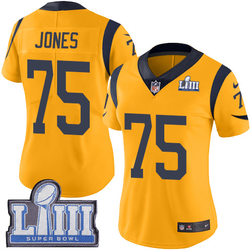 #75 Limited Deacon Jones Gold Nike NFL Women’s Jersey Los Angeles Rams Rush Vapor Untouchable Super Bowl LIII Bound