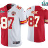 Men’s Kansas City Chiefs #87 Travis Kelce Red & White Split Super Bowl LVII Patch Limited Stitched Jersey