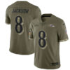 Men’s Baltimore Ravens #8 Lamar Jackson 2022 Olive Salute To Service Limited Stitched Jersey