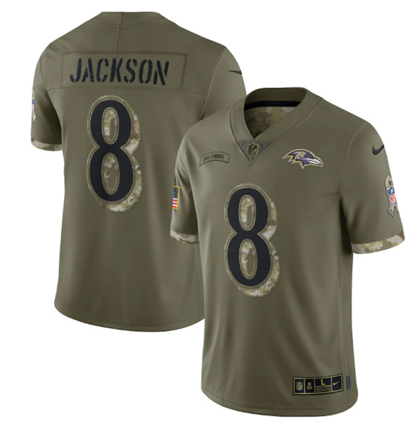 Men’s Baltimore Ravens #8 Lamar Jackson 2022 Olive Salute To Service Limited Stitched Jersey