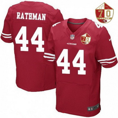 Men’s San Francisco 49ers #44 Tom Rathman Scarlet Red 70th Anniversary Patch Stitched NFL Nike Elite Jersey