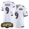 Men’s Baltimore Ravens #9 Justin Tucker White 2023 F.U.S.E. AFC North Champions Vapor Limited Football Stitched Jersey
