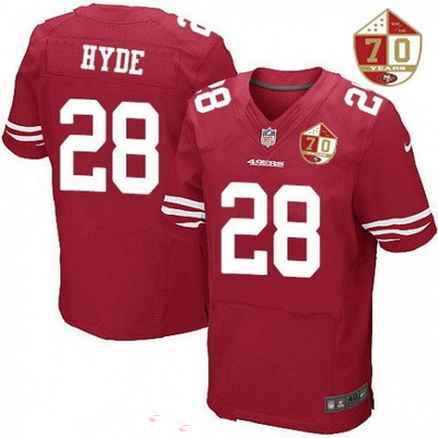 Men’s San Francisco 49ers #28 Carlos Hyde Scarlet Red 70th Anniversary Patch Stitched NFL Nike Elite Jersey