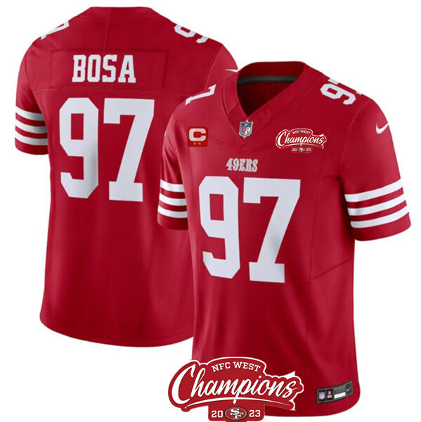 Men’s San Francisco 49ers #97 Nick Bosa Red 2023 F.U.S.E. With 2-star C Ptach And NFC West Champions Patch Football Stitched Jersey
