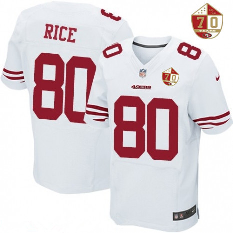 Men’s San Francisco 49ers #80 Jerry Rice White 70th Anniversary Patch Stitched NFL Nike Elite Jersey