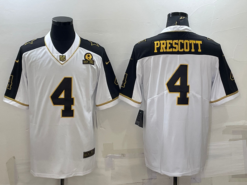 Men’s Dallas Cowboys #4 Dak Prescott White Gold Edition With 1960 Patch Limited Stitched Football Jersey